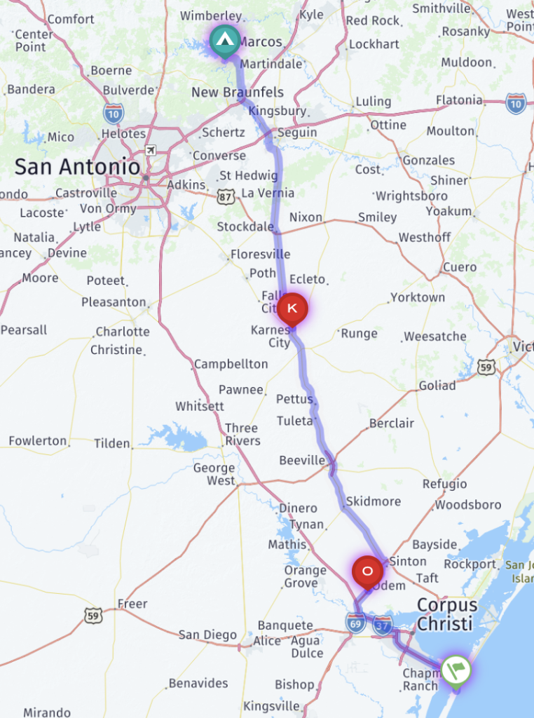 RV Life Trip Wizard map showing driving route from Corpus Christi to Canyon Lake, Texas.