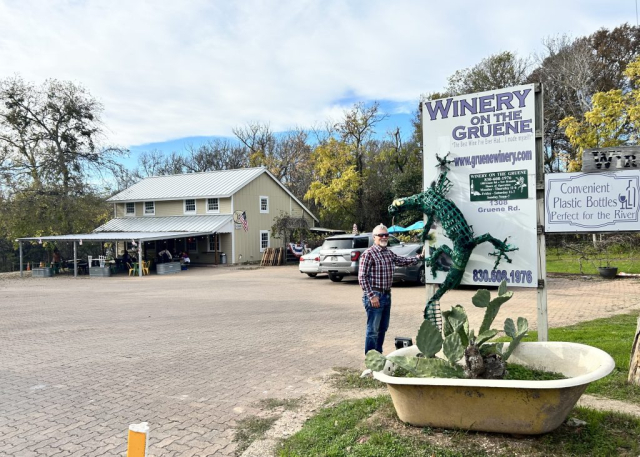 Curtis is ready to go check out the wine tasting at Winery on the Gruene, Gruene Historic District, New Braunfels, Texas.