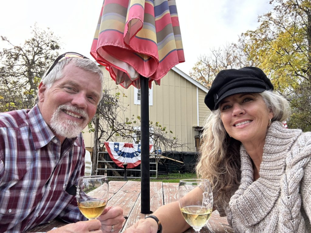 Curtis and Laura doing some wine tasting at Winery on the Gruene in the Gruene Historic District, New Braunfels, Texas.
