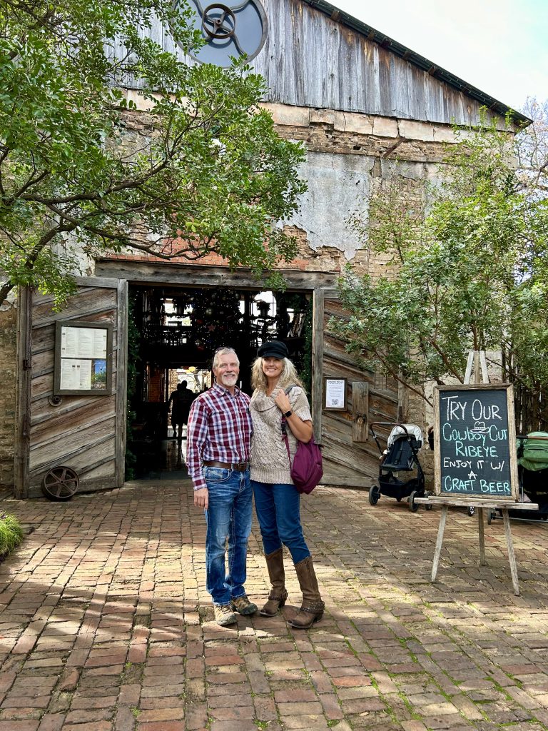 Curtis and Laura in front of the Gristmill River Restaurant & Bar along the Guadalupe River in the Gruene Historic District.