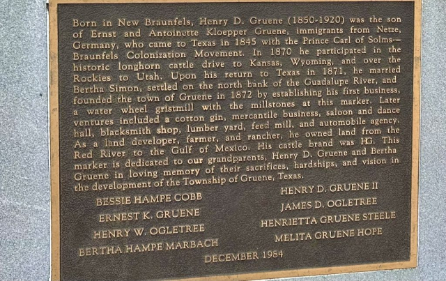 Dedication sign to Henry Gruene, founder of the little town of Gruene, Texas