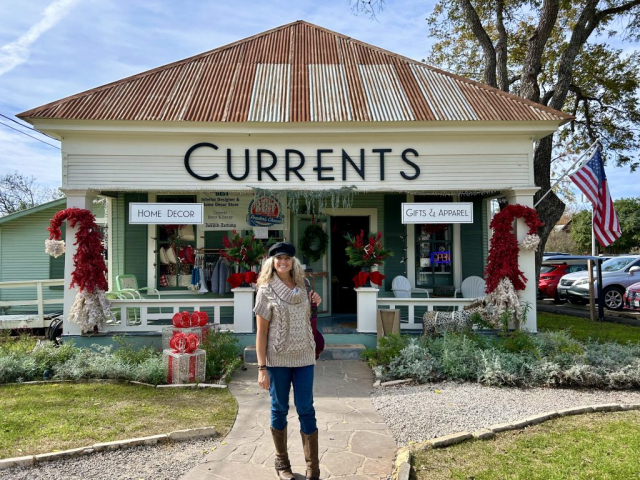 Laura in front of one of the fun little shops, Currents, at the Gruene Historic District