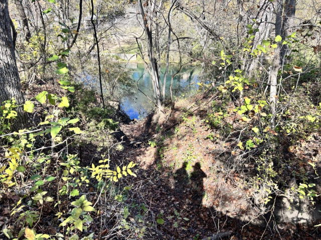 Guadalupe River lies beyond Laura and Curtis' shadows along the trail, Canyon Lake, Texas.