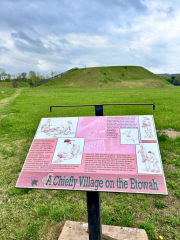 An interpretive sign provides information about daily life at the Etowah Mounds Historic Site.