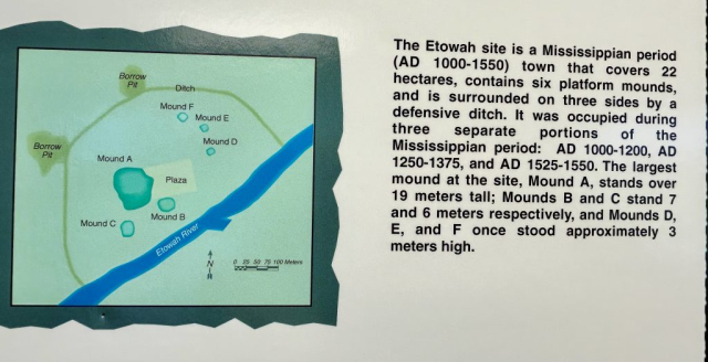 A site plan shows large features of the Etowahan city and explains that it was thriving over 1,000 years ago.