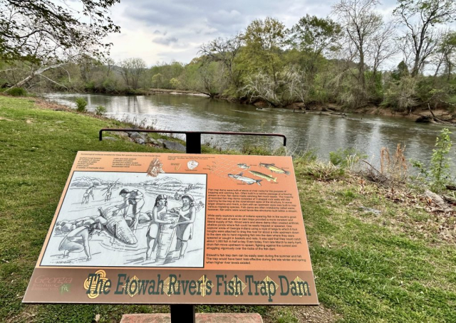 The fish trap dam can still be seen in the Etowah River at the Etowah Mounds Historic Site in Georgia.