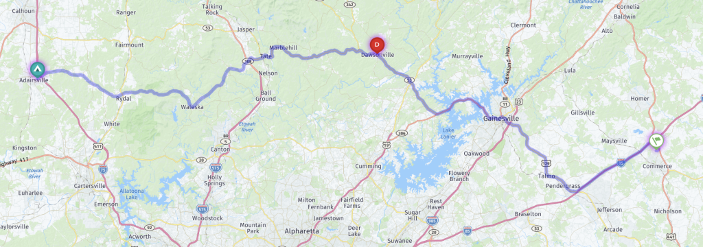 RV Life Trip Wizard map showing driving route from Commerce to Adairsville, Georgia.