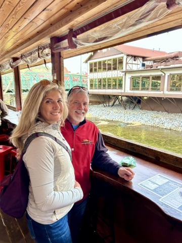 Curtis and Laura had to stop for a beer, soft pretzels and mustard at the Alpine Brew Deck in Helen, Georgia. Oh yeah, and the river view too!