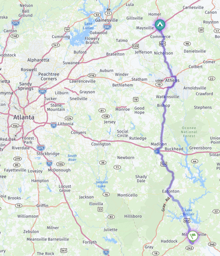 RV Life Trip Wizard map showing driving route from Milledgeville to Commerce, Georgia.